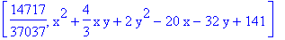 [14717/37037, x^2+4/3*x*y+2*y^2-20*x-32*y+141]